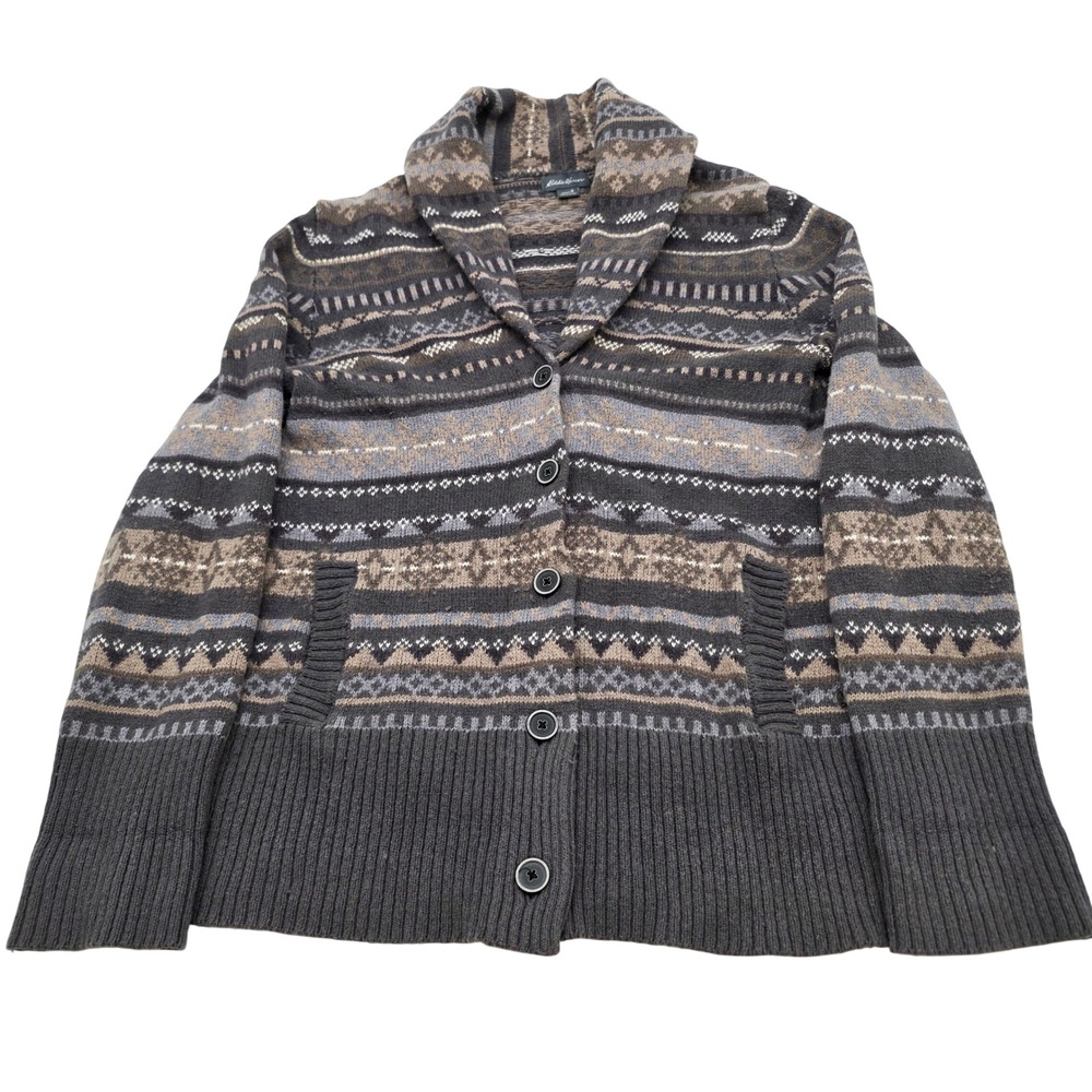 Eddie Bauer Cardigan Sweater Womens S Grey Fair Isle Shawl Collar Button Front